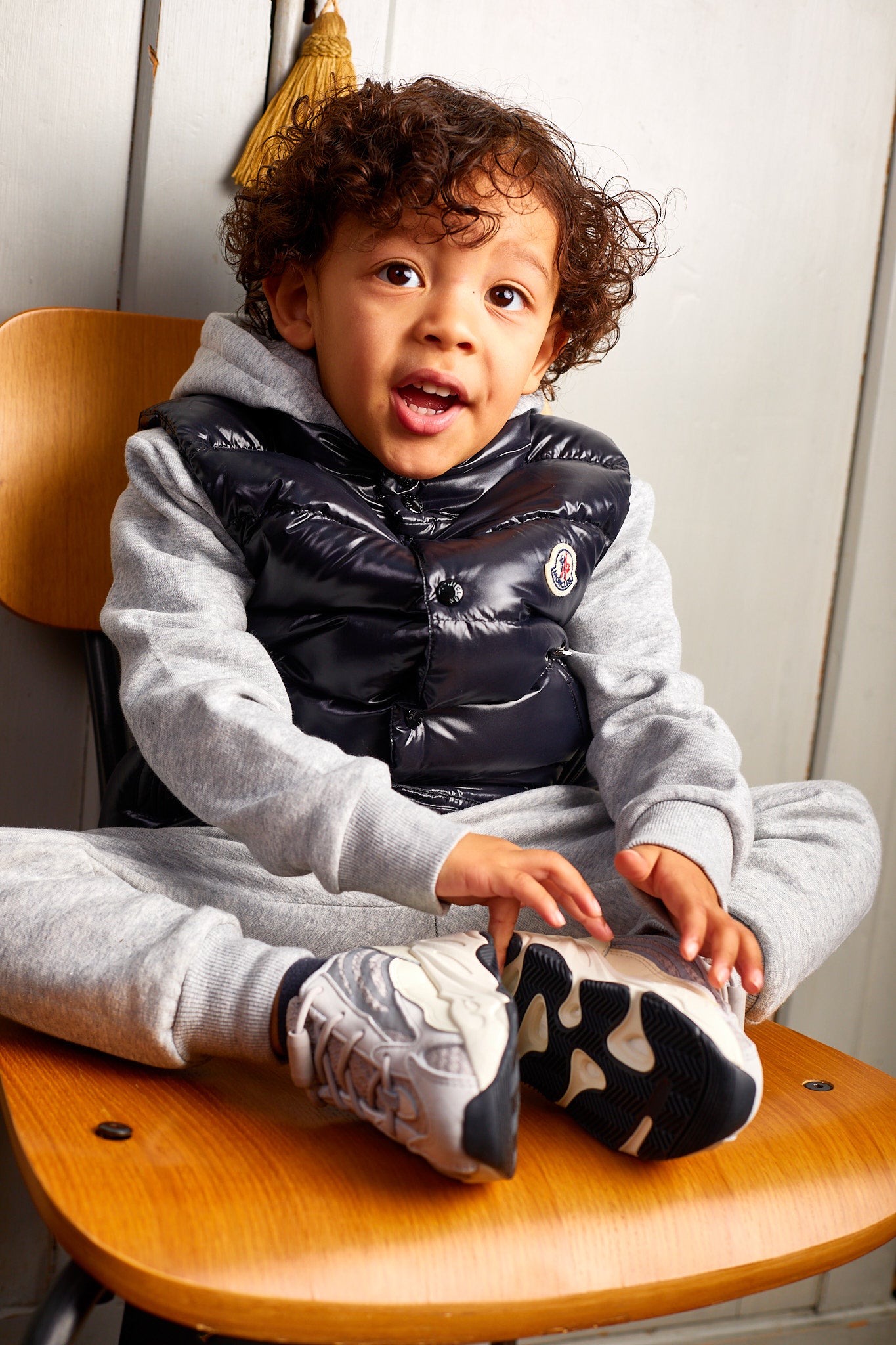 little boy wearing Adidas Yeezy Boost 700 V2 Kids 'Static'